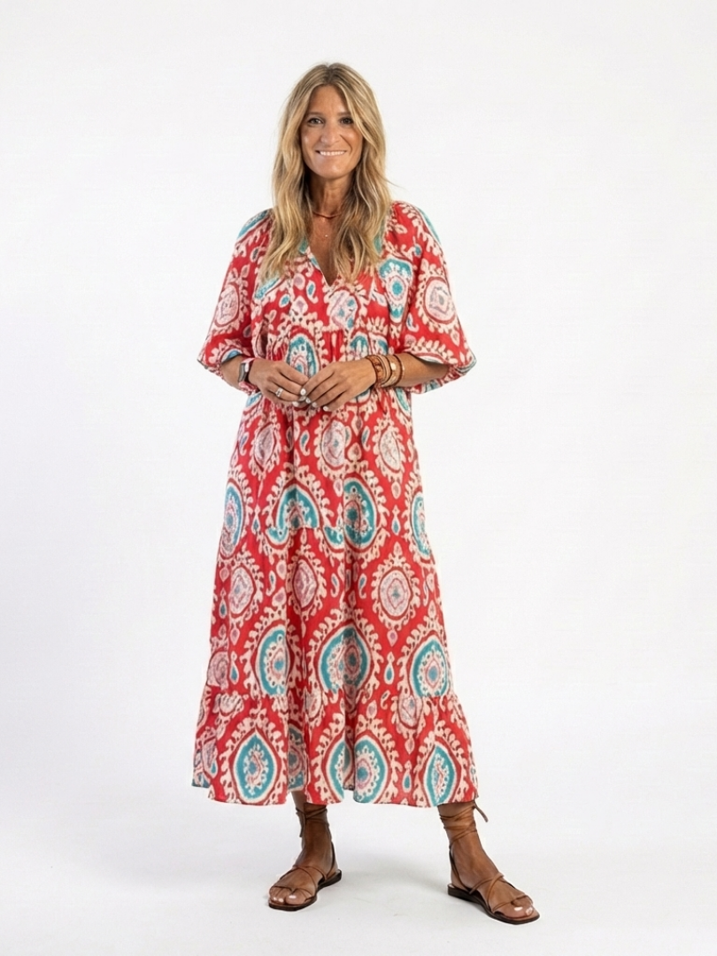 Zaria | Paisley-Print V-Ausschnitt Kurzarm Midi-Kleid