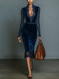 Ellie | Elegantes & Modisches Dunkelblaues Midi-Kleid für Frauen mit V-Ausschnitt und Spitzen-Detail sowie Ärmeln