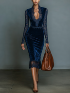 Ellie | Elegantes & Modisches Dunkelblaues Midi-Kleid für Frauen mit V-Ausschnitt und Spitzen-Detail sowie Ärmeln