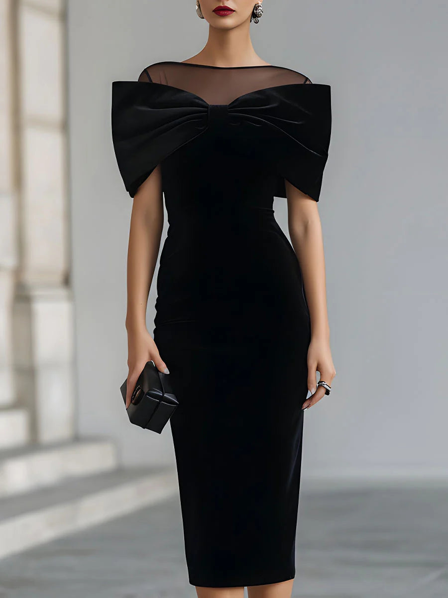 Dramatisches schwarzes Samtbogen-Midi-Kleid