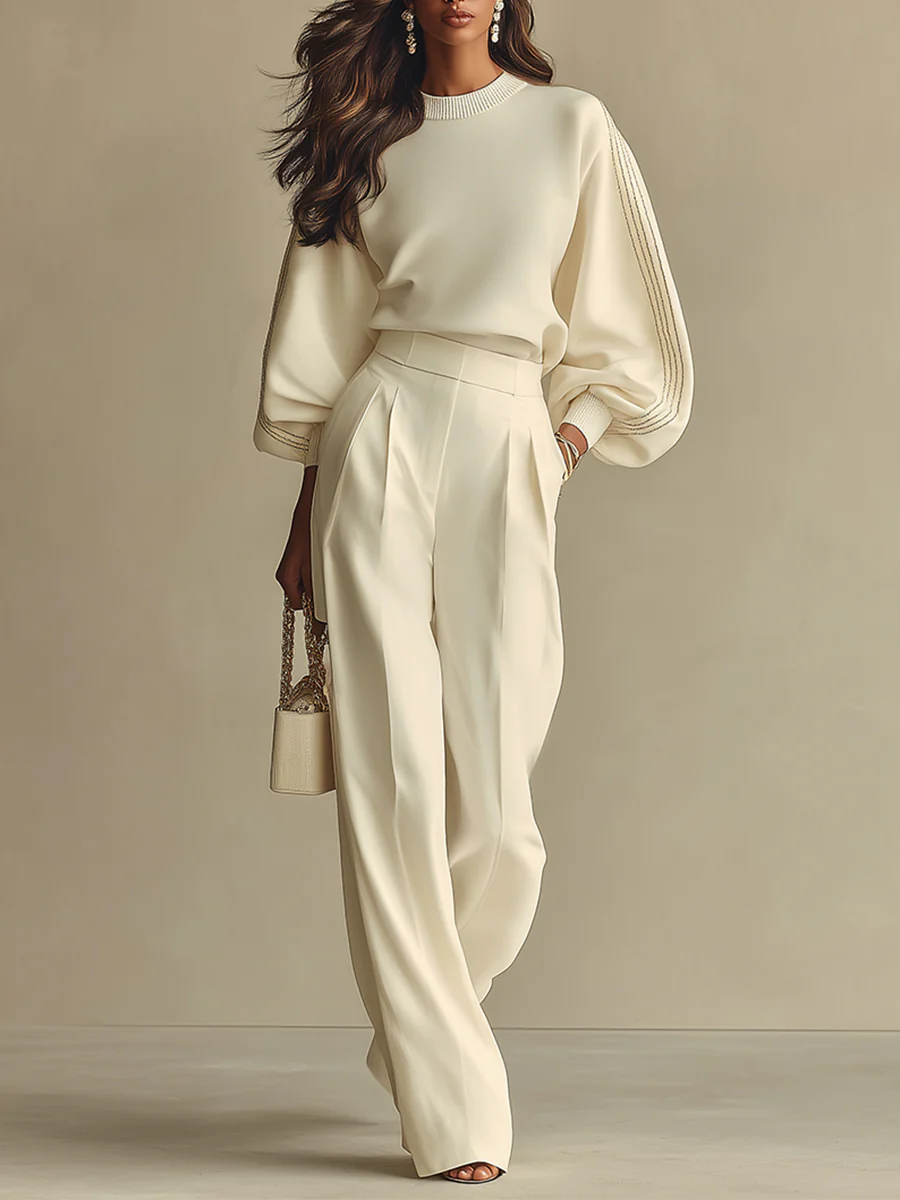 Sophie Rippstrick Crew-Neck-Top und hochtaillierte weite Hose