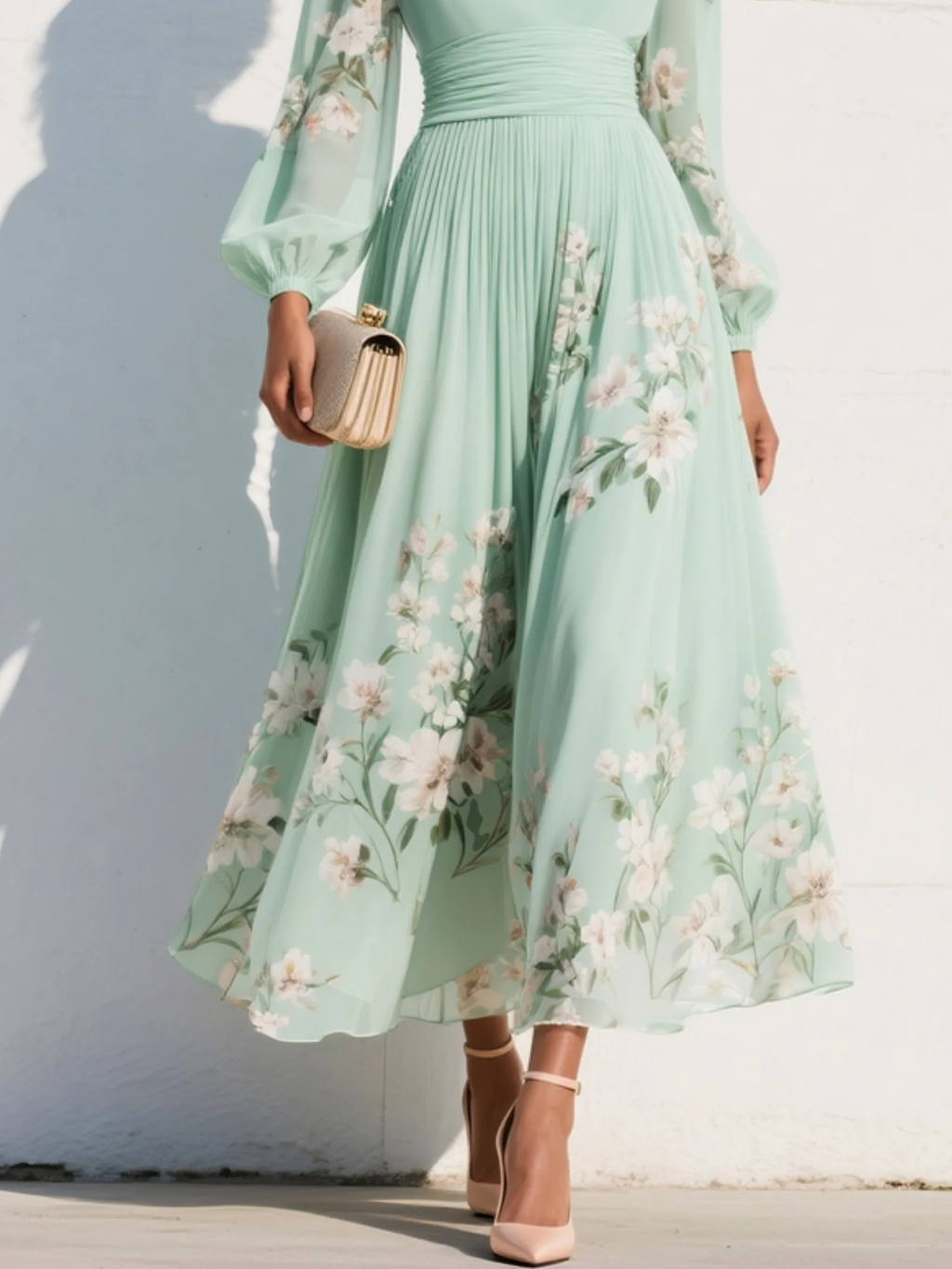 Cisella | Midi-Kleid in hellgrün mit Blumenmuster