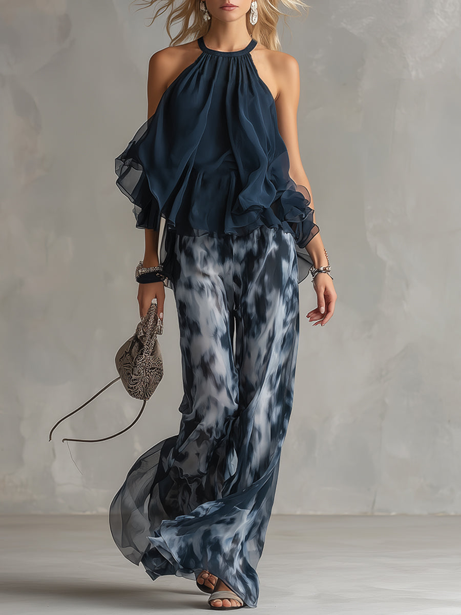 Ludovica | Elegantes Set mit hochgeschlossenem Oberteil und weit geschnittenen bedruckten Hosen