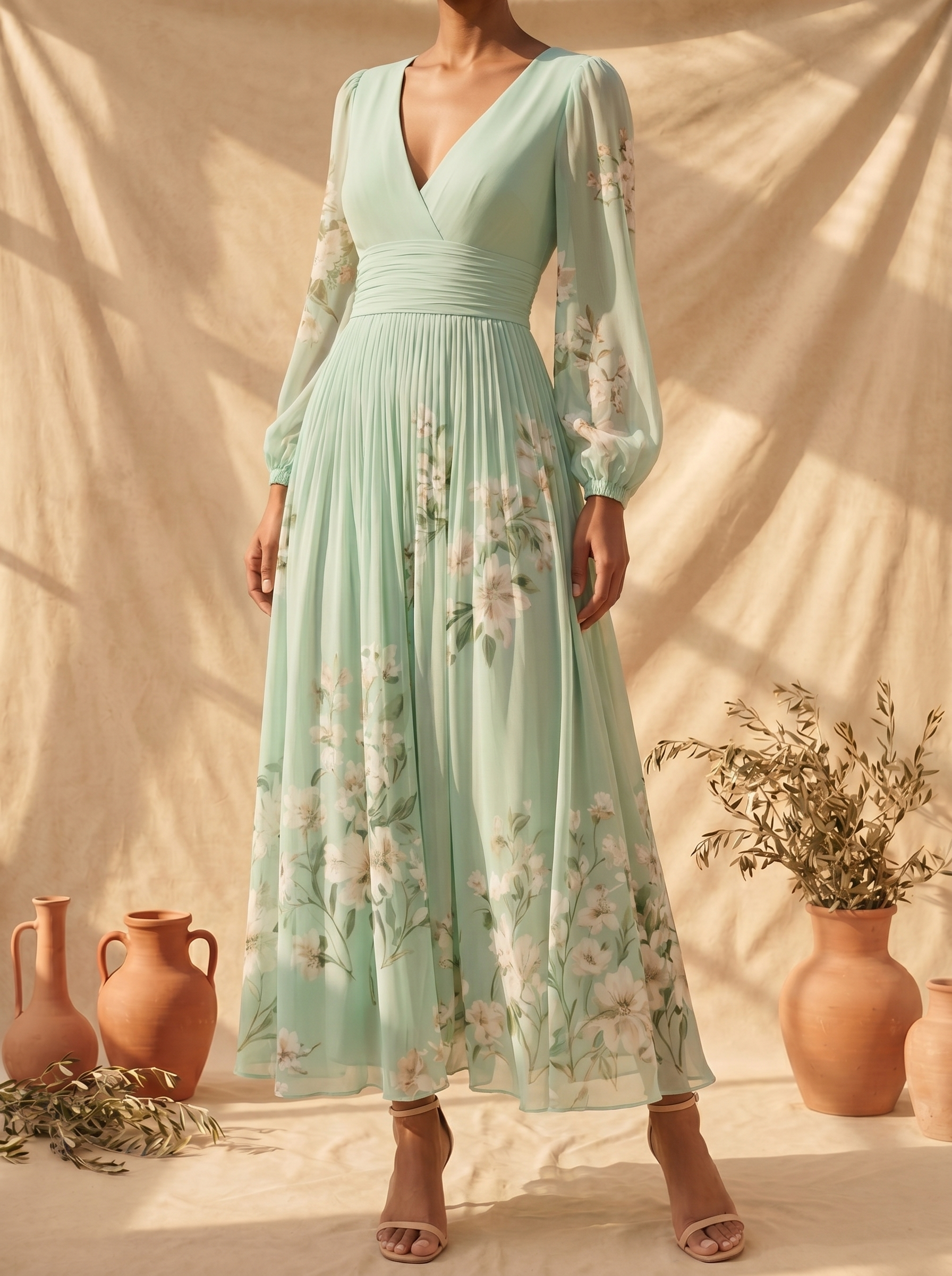 Cisella | Midi-Kleid in hellgrün mit Blumenmuster
