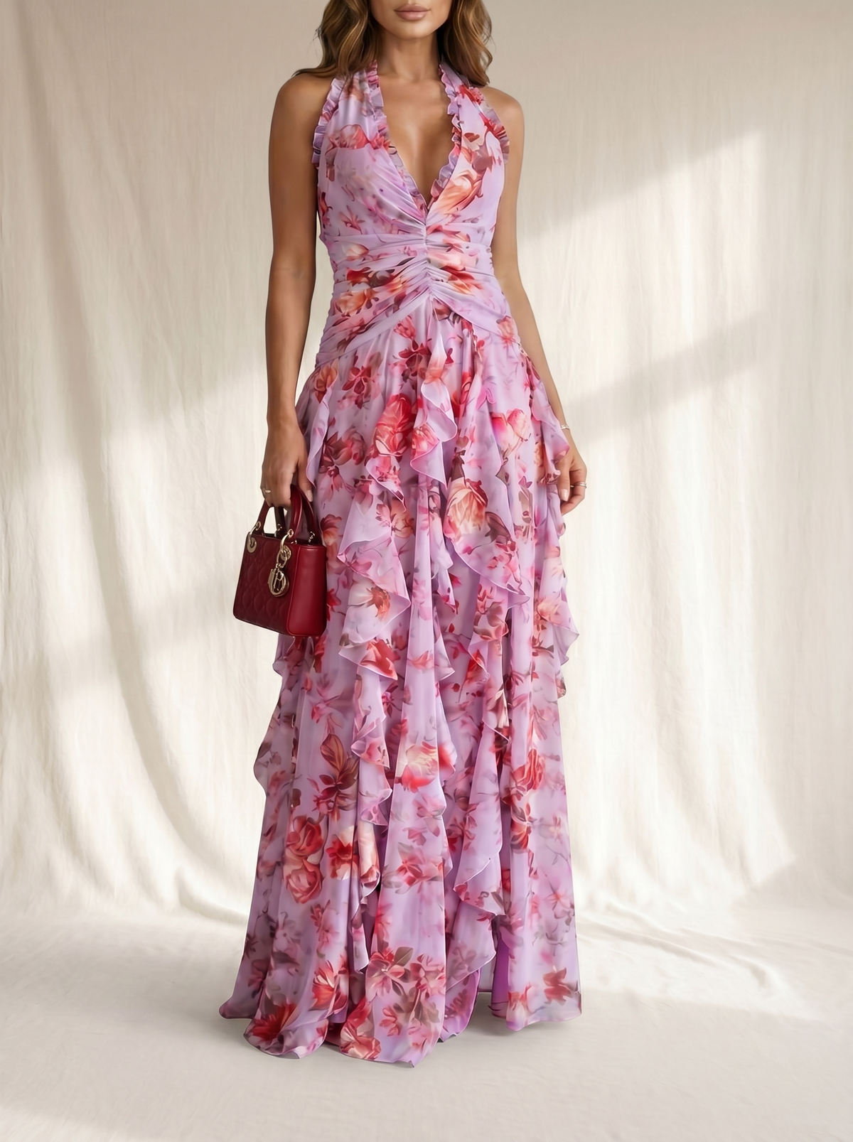 Belladina | Romantische Rosenfall Maxi-Kleid mit amerikanischem Ausschnitt