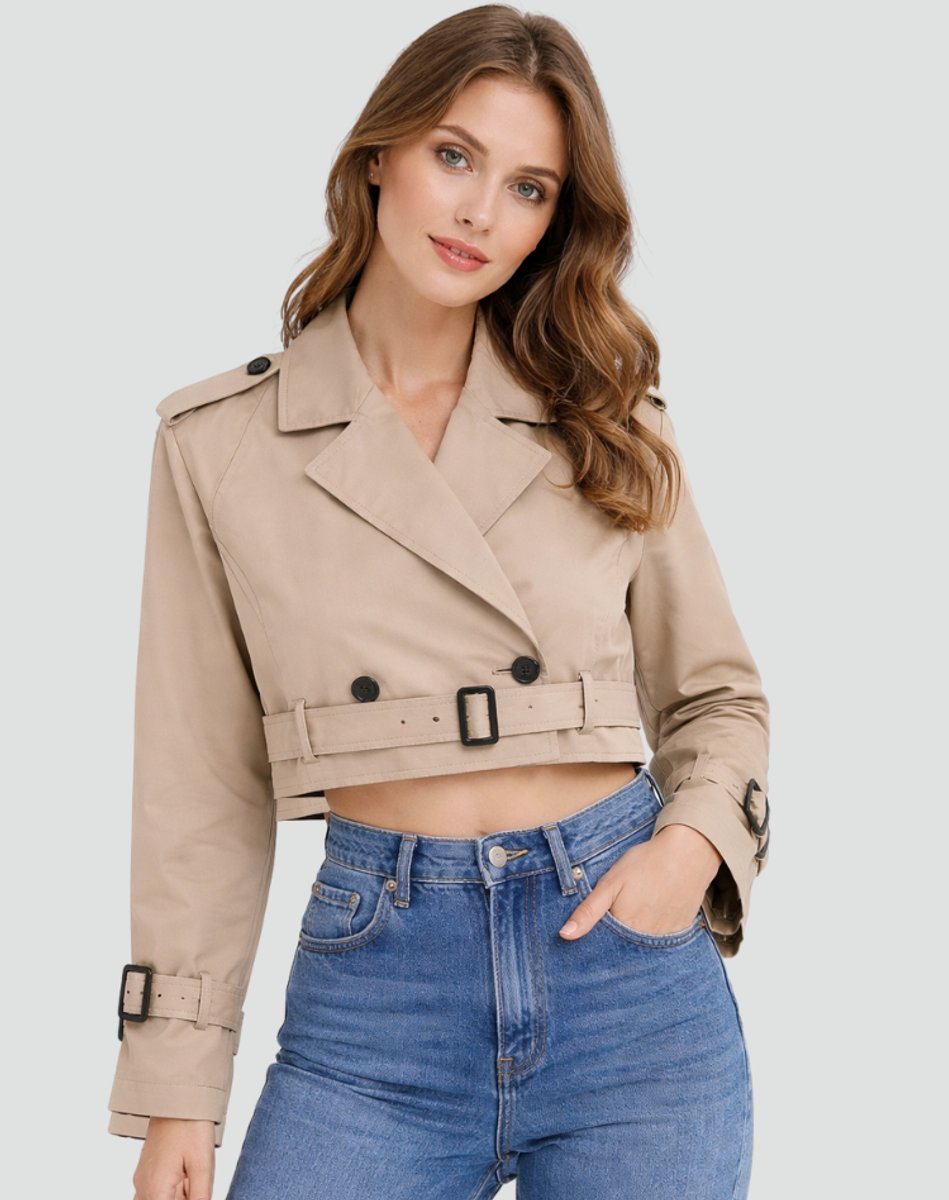 Madison | Kurzer, doppelreihiger Trenchcoat mit Gürtel für Damen