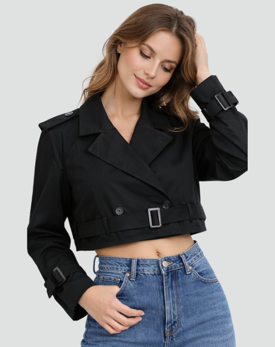 Madison | Kurzer, doppelreihiger Trenchcoat mit Gürtel für Damen