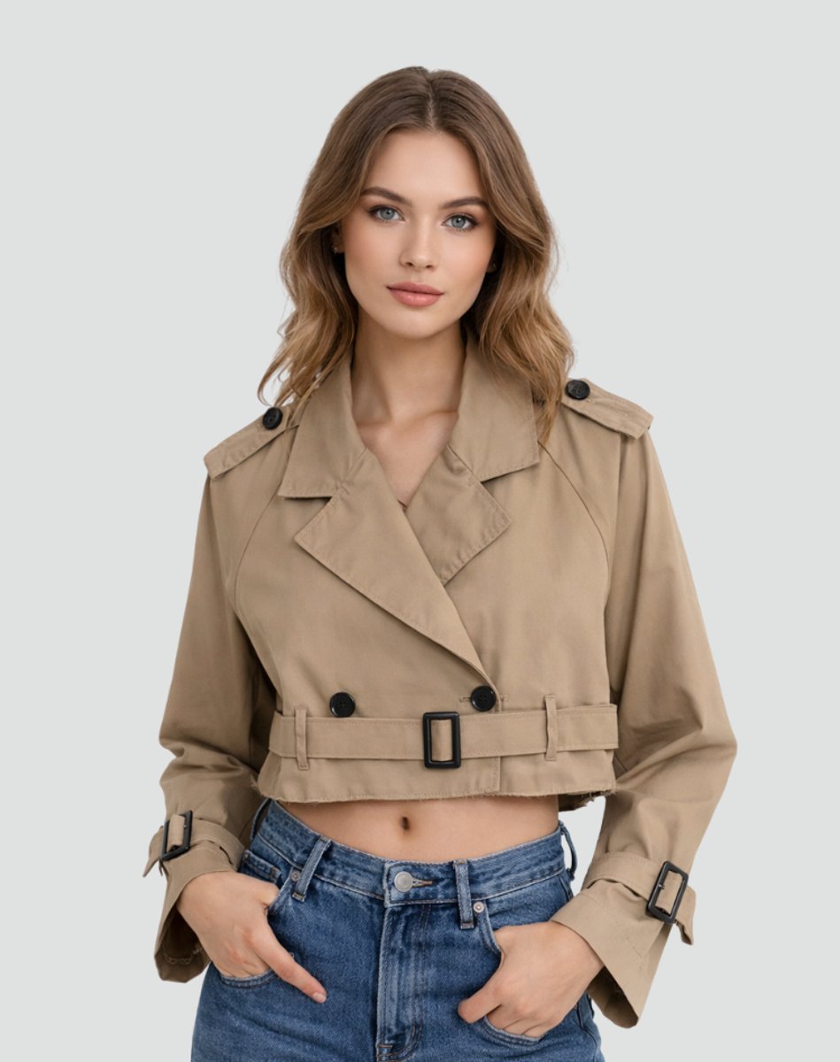 Madison | Kurzer, doppelreihiger Trenchcoat mit Gürtel für Damen