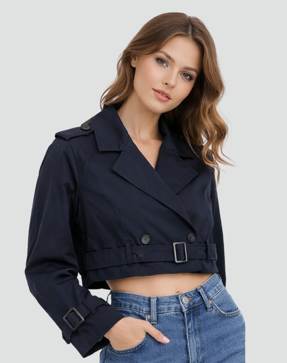 Madison | Kurzer, doppelreihiger Trenchcoat mit Gürtel für Damen