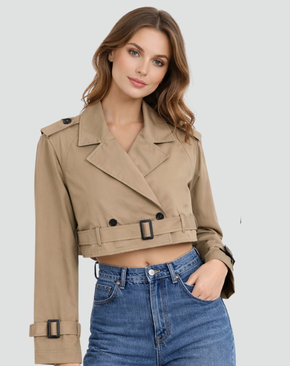 Madison | Kurzer, doppelreihiger Trenchcoat mit Gürtel für Damen