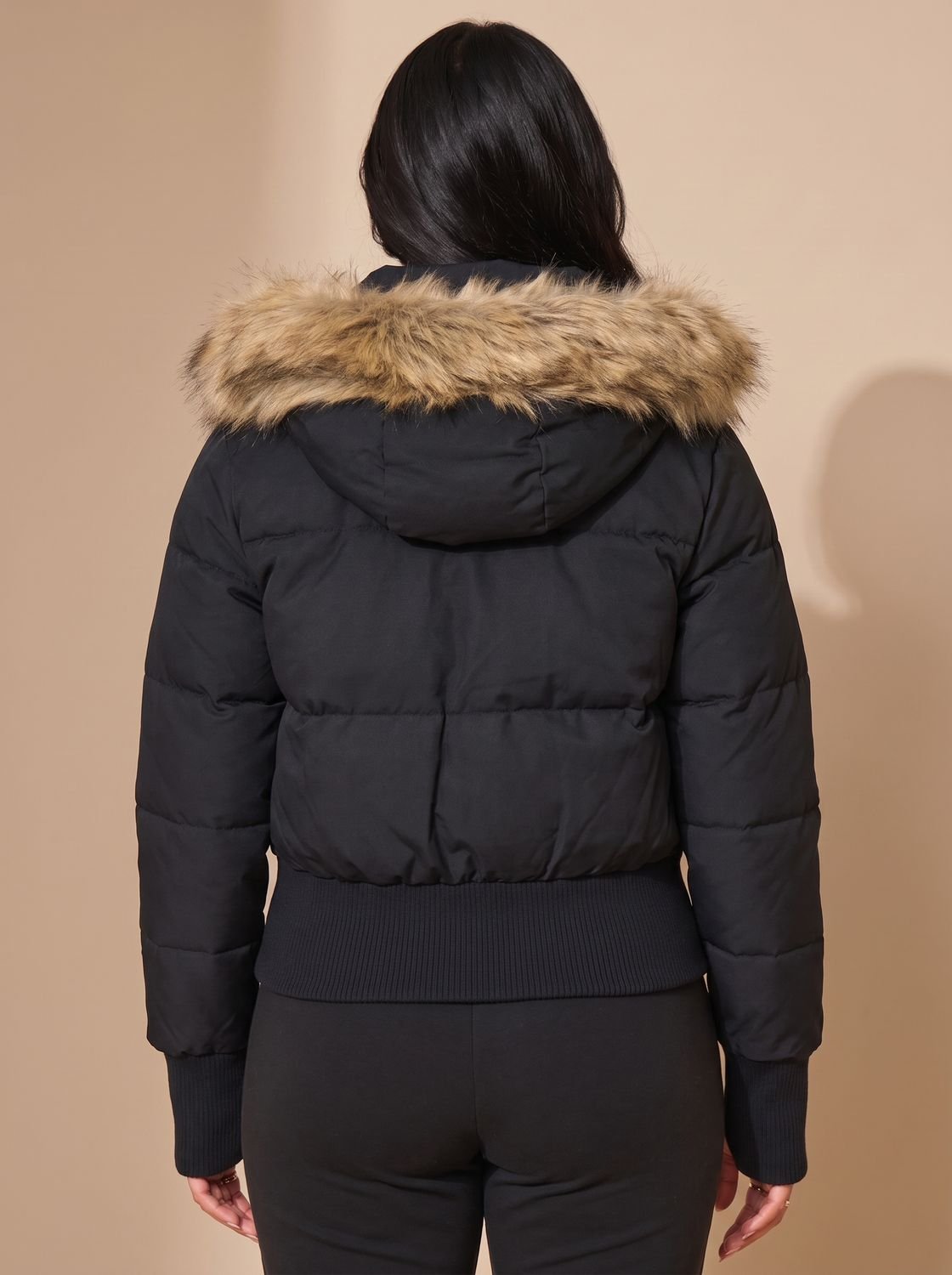 Amelia | Women's Fitted Faux Fur Hood Cropped Puffer Jacket