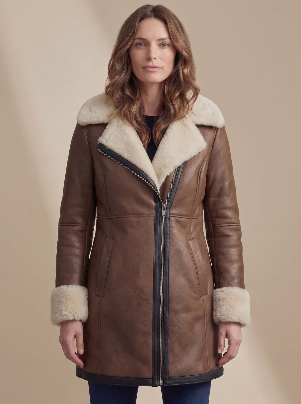 Aria | Women's Shearling-Collar Zip-Front Leather Winter Coat